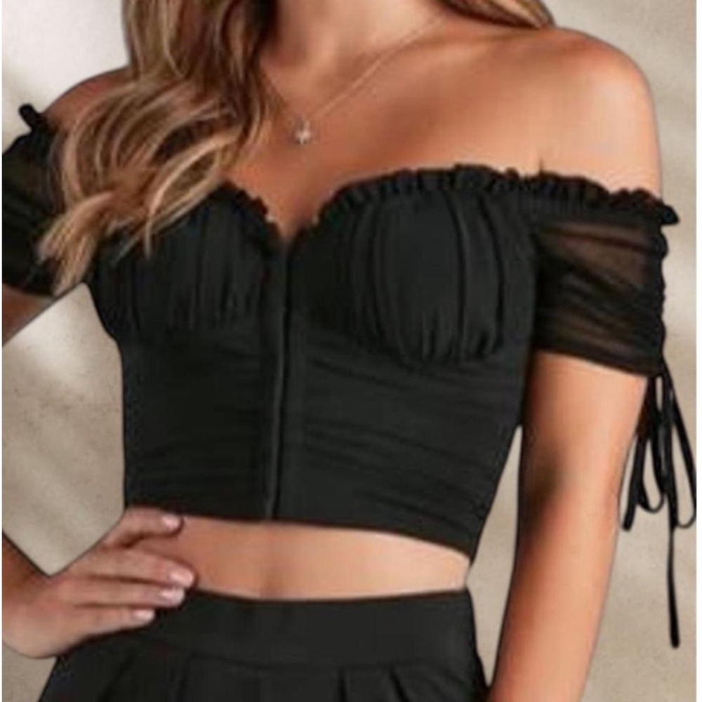 Windsor Black Ruched Mesh Off The Shoulder Corset Style Crop Top Small